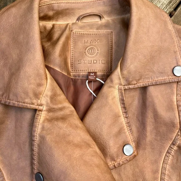 Max Studio Vegan Leather Moto Boho Vibes Tan Jacket NWTs Size M
